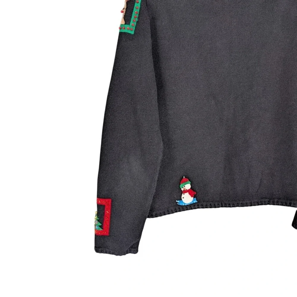 Michael Simon Christmas Cardigan Black M‎ Beaded Window Applique 2001 Y2K